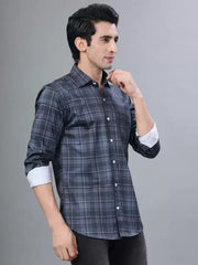 Grey Checks Printed Casual Full Sleeve Shirt For Men With Pocket